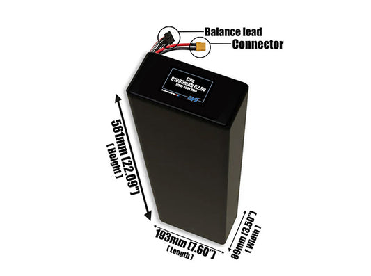 Size reference photo of the 81000mAh 62.9V LiPo pack showing 193 mm by 89 mm by 561 mm dimensions ideal for drones or large robotic systems where space matters.