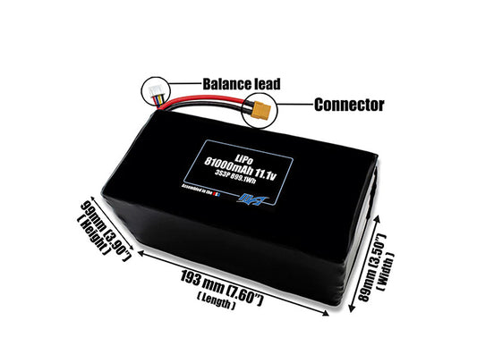 Size reference photo of the 81000mAh 11.1V LiPo pack showing 193 mm by 89 mm by 99 mm dimensions ideal for drones or large robotic systems where space matters.