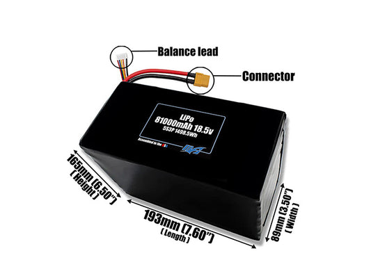 Size reference photo of the 81000mAh 18.5V LiPo pack showing 193 mm by 89 mm by 165 mm dimensions ideal for drones or large robotic systems where space matters.