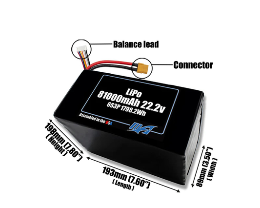 Size reference photo of the 81000mAh 22.2V LiPo pack showing 193 mm by 89 mm by 198 mm dimensions ideal for drones or large robotic systems where space matters.