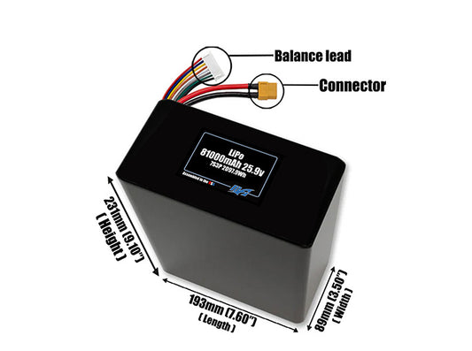 Size reference photo of the 81000mAh 25.9V LiPo pack showing 193 mm by 89 mm by 231 mm dimensions ideal for drones or large robotic systems where space matters.