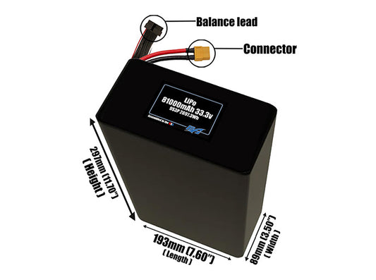 Size reference photo of the 81000mAh 33.3V LiPo pack showing 193 mm by 89 mm by 297 mm dimensions ideal for drones or large robotic systems where space matters.