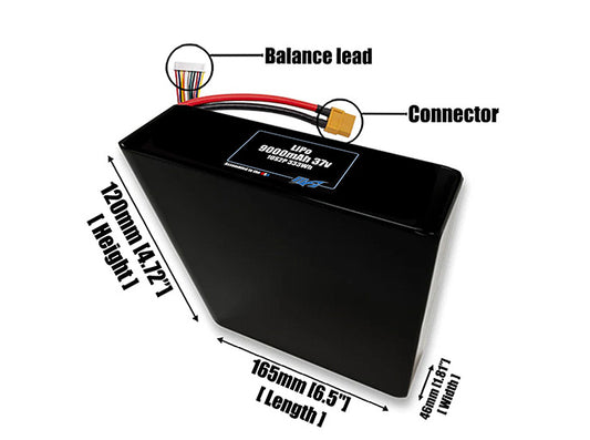 Size reference photo of the 9000mAh 37V LiPo pack showing 165 mm by 46 mm by 120 mm dimensions ideal for drones or robotic systems where space matters.