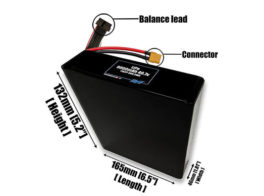 Size reference photo of the 9000mAh 40.7V LiPo pack showing 165 mm by 46 mm by 132 mm dimensions ideal for drones or robotic systems where space matters.
