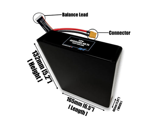 Size reference photo of the 9000mAh 40.7V LiPo pack showing 165 mm by 46 mm by 132 mm dimensions ideal for drones or robotic systems where space matters.