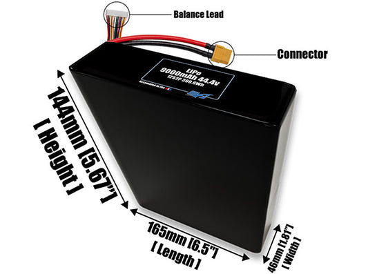 Size reference photo of the 9000mAh 44.4V LiPo pack showing 165 mm by 46 mm by 144 mm dimensions ideal for drones or robotic systems where space matters.