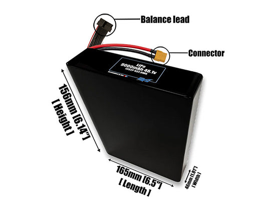 Size reference photo of the 9000mAh 48.1V LiPo pack showing 165 mm by 46 mm by 156 mm dimensions ideal for drones or robotic systems where space matters.