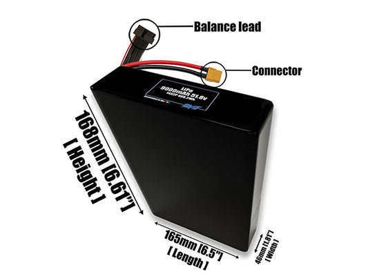 Size reference photo of the 9000mAh 51.8V LiPo pack showing 165 mm by 46 mm by 168 mm dimensions ideal for drones or robotic systems where space matters.