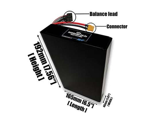 Size reference photo of the 9000mAh 59.2V LiPo pack showing 165 mm by 46 mm by 192 mm dimensions ideal for drones or robotic systems where space matters.