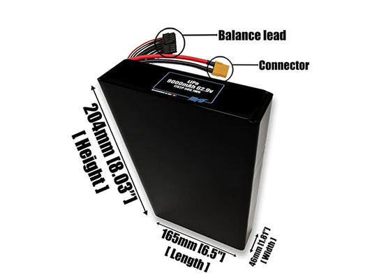 Size reference photo of the 9000mAh 62.9V LiPo pack showing 165 mm by 46 mm by 204 mm dimensions ideal for drones or robotic systems where space matters.