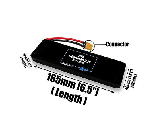 Size reference photo of the 9000mAh 3.7V LiPo pack showing 165 mm by 46 mm by 12 mm dimensions ideal for drones or robotic systems where space matters.