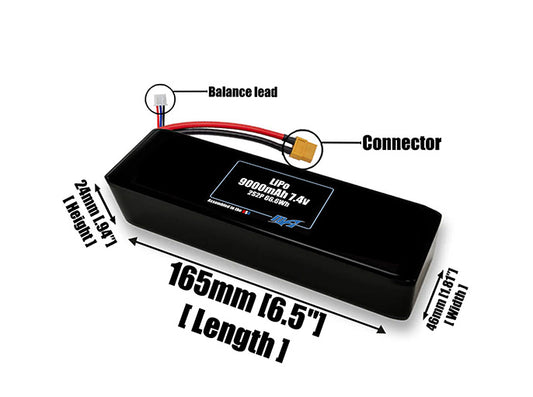 Size reference photo of the 9000mAh 7.4V LiPo pack showing 165 mm by 46 mm by 24 mm dimensions ideal for drones or robotic systems where space matters.