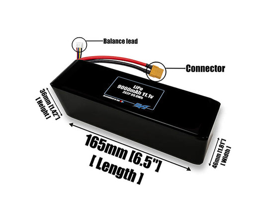 Size reference photo of the 9000mAh 11.1V LiPo pack showing 165 mm by 46 mm by 36 mm dimensions ideal for drones or robotic systems where space matters.