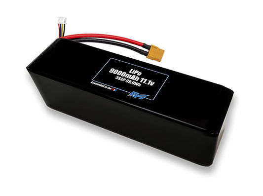 Compact 11.1-volt 9000mAh lithium-polymer battery, built for lightweight drone, UAV, and robotics projects.