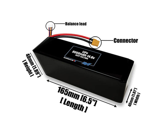 Size reference photo of the 9000mAh 14.8V LiPo pack showing 165 mm by 46 mm by 48 mm dimensions ideal for drones or robotic systems where space matters.