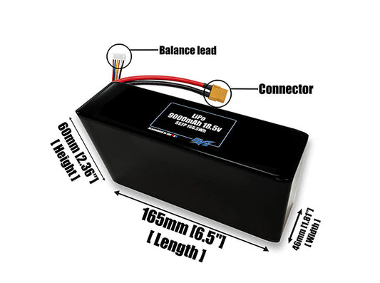 Size reference photo of the 9000mAh 18.5V LiPo pack showing 165 mm by 46 mm by 60 mm dimensions ideal for drones or robotic systems where space matters.