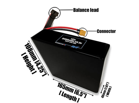 Size reference photo of the 9000mAh 33.3V LiPo pack showing 165 mm by 46 mm by 108 mm dimensions ideal for drones or robotic systems where space matters.