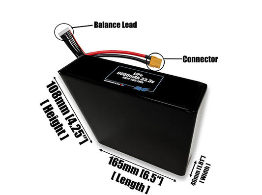 Size reference photo of the 9000mAh 33.3V LiPo pack showing 165 mm by 46 mm by 108 mm dimensions ideal for drones or robotic systems where space matters.