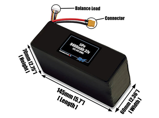 Size reference photo of the 9400mAh 37V LiPo pack showing 145 mm by 60 mm by 70 mm dimensions ideal for drones or large robotic systems where space matters.