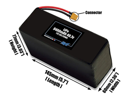 Size reference photo of the 9400mAh 40.7V LiPo pack showing 145 mm by 60 mm by 77 mm dimensions ideal for drones or large robotic systems where space matters.