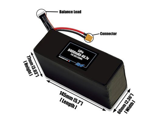 Size reference photo of the 9400mAh 40.7V LiPo pack showing 145 mm by 60 mm by 77 mm dimensions ideal for drones or large robotic systems where space matters.