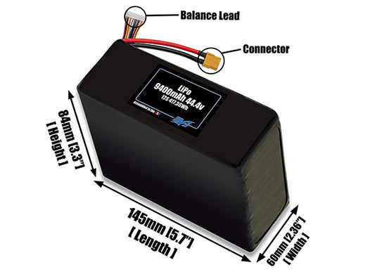 Size reference photo of the 9400mAh 44.4V LiPo pack showing 145 mm by 60 mm by 84 mm dimensions ideal for drones or large robotic systems where space matters.