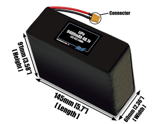 Size reference photo of the 9400mAh 48.1V LiPo pack showing 145 mm by 60 mm by 91 mm dimensions ideal for drones or large robotic systems where space matters.