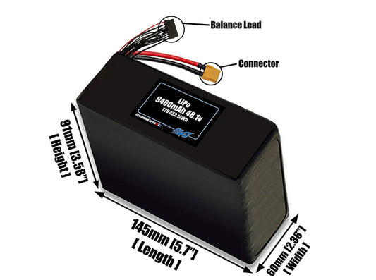 Size reference photo of the 9400mAh 48.1V LiPo pack showing 145 mm by 60 mm by 91 mm dimensions ideal for drones or large robotic systems where space matters.
