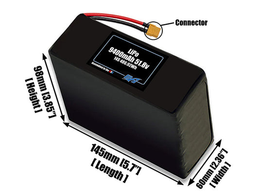 Size reference photo of the 9400mAh 51.8V LiPo pack showing 145 mm by 60 mm by 98 mm dimensions ideal for drones or large robotic systems where space matters.
