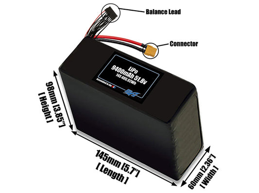 Size reference photo of the 9400mAh 51.8V LiPo pack showing 145 mm by 60 mm by 98 mm dimensions ideal for drones or large robotic systems where space matters.