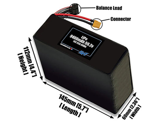 Size reference photo of the 9400mAh 59.2V LiPo pack showing 145 mm by 60 mm by 112 mm dimensions ideal for drones or large robotic systems where space matters.