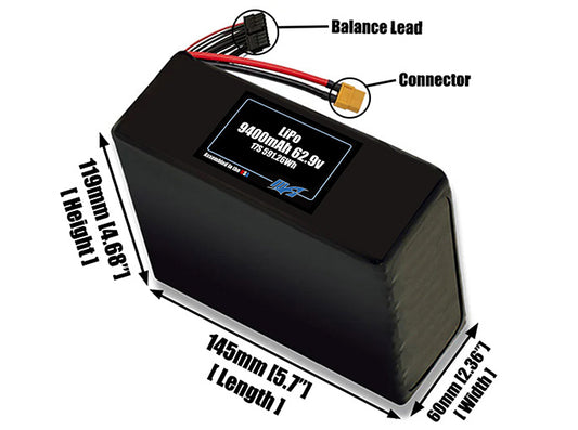 Size reference photo of the 9400mAh 62.9V LiPo pack showing 145 mm by 60 mm by 119mm dimensions ideal for drones or large robotic systems where space matters.