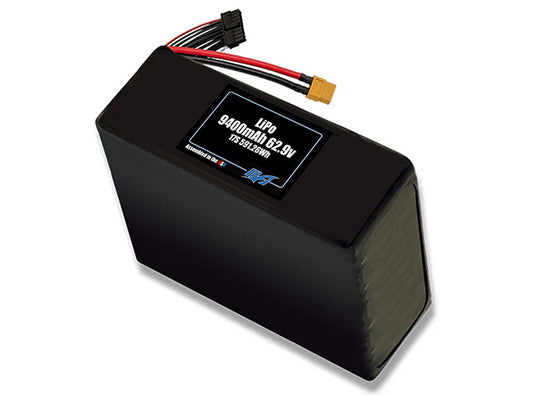 Compact 62.9-volt 9400mAh lithium-polymer battery, built for lightweight drone, UAV, and robotics projects.