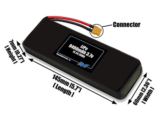 Size reference photo of the 9400mAh 3.7V LiPo pack showing 145 mm by 60 mm by 7 mm dimensions ideal for drones or large robotic systems where space matters.
