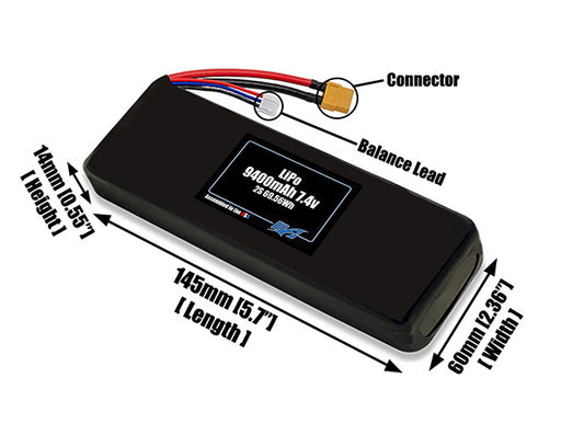 Size reference photo of the 9400mAh 7.4V LiPo pack showing 145 mm by 60 mm by 14 mm dimensions ideal for drones or large robotic systems where space matters.