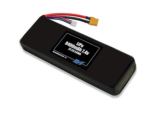 Compact 7.4-volt 9400mAh lithium-polymer battery, built for lightweight drone, UAV, and robotics projects.