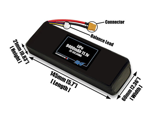 Size reference photo of the 9400mAh 11.1V LiPo pack showing 145 mm by 60 mm by 11 mm dimensions ideal for drones or large robotic systems where space matters.