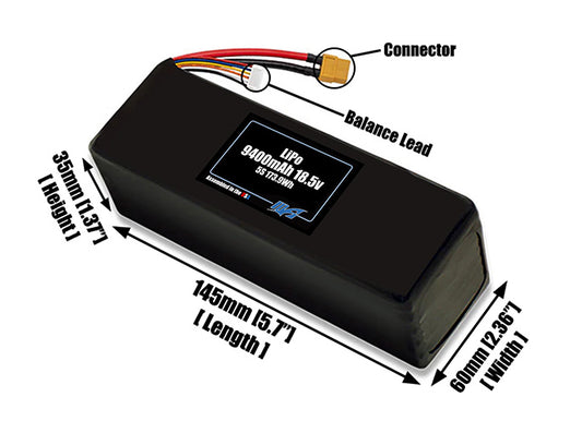 Size reference photo of the 9400mAh 18.5V LiPo pack showing 145 mm by 60 mm by 35 mm dimensions ideal for drones or large robotic systems where space matters.