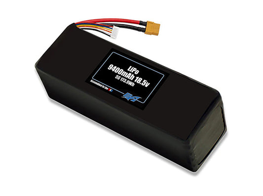Compact 18.5-volt 9400mAh lithium-polymer battery, built for lightweight drone, UAV, and robotics projects.