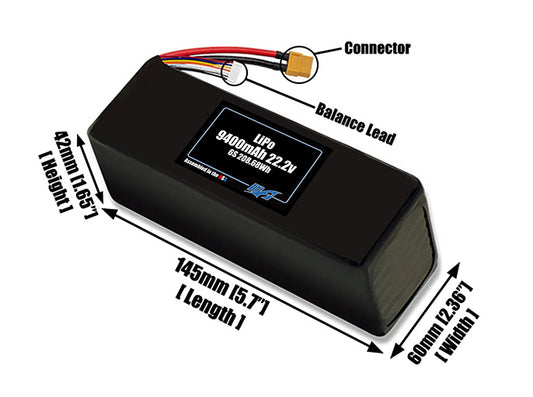 Size reference photo of the 9400mAh 22.2V LiPo pack showing 145 mm by 60 mm by 42 mm dimensions ideal for drones or large robotic systems where space matters.