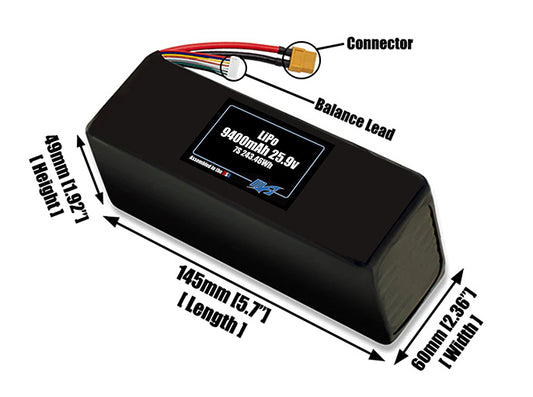 Size reference photo of the 9400mAh 25.9V LiPo pack showing 145 mm by 60 mm by 49 mm dimensions ideal for drones or large robotic systems where space matters.