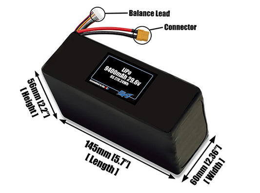 Size reference photo of the 9400mAh 29.6V LiPo pack showing 145 mm by 60 mm by 56 mm dimensions ideal for drones or large robotic systems where space matters.