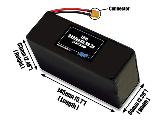 Size reference photo of the 9400mAh 33.3V LiPo pack showing 145 mm by 60 mm by 63 mm dimensions ideal for drones or large robotic systems where space matters.