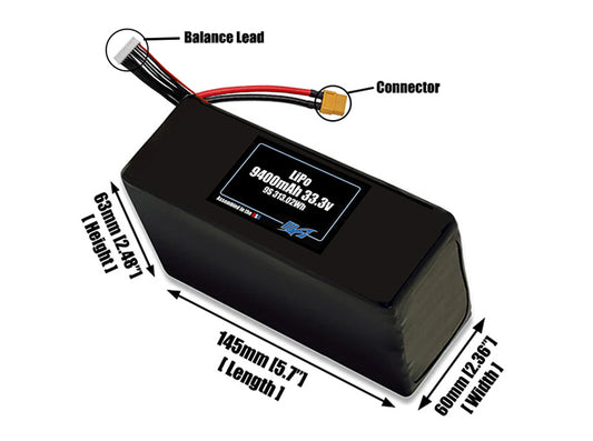Size reference photo of the 9400mAh 33.3V LiPo pack showing 145 mm by 60 mm by 63 mm dimensions ideal for drones or large robotic systems where space matters.