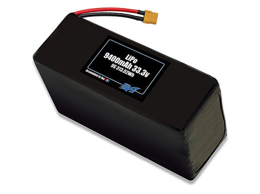 Compact 33.3-volt 9400mAh lithium-polymer battery, built for lightweight drone, UAV, and robotics projects.