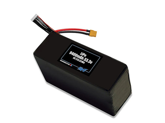 Compact 33.3-volt 9400mAh lithium-polymer battery, built for lightweight drone, UAV, and robotics projects.