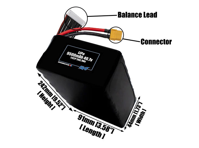 Size reference photo of the 9500mAh 40.7V LiPo pack showing 91 mm by 44 mm by 242 mm dimensions ideal for drones or large robotic systems where space matters.