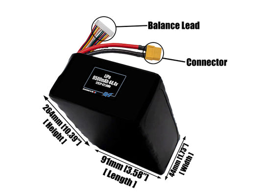 Size reference photo of the 9500mAh 44.4V LiPo pack showing 91 mm by 44 mm by 264 mm dimensions ideal for drones or large robotic systems where space matters.