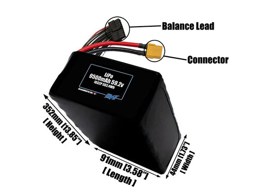 Size reference photo of the 9500mAh 59.2V LiPo pack showing 91 mm by 44 mm by 352 mm dimensions ideal for drones or large robotic systems where space matters.