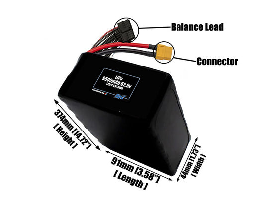 Size reference photo of the 9500mAh 3.7V LiPo pack showing 91 mm by 44 mm by 374 mm dimensions ideal for drones or large robotic systems where space matters.